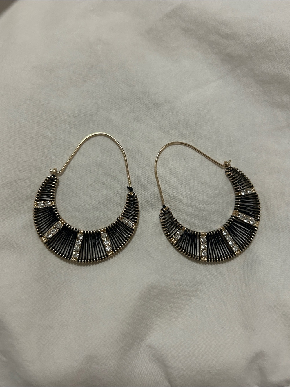 Express Gold-Tone Hoop Earrings with Black Wire and Crystal Stripes